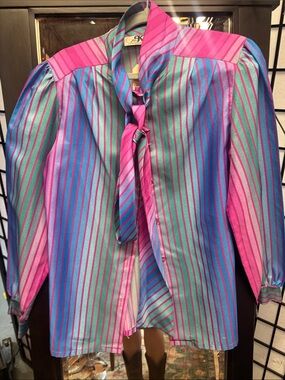 Vintage Striped Tie-Neck Blouse in Pink, Blue & Green